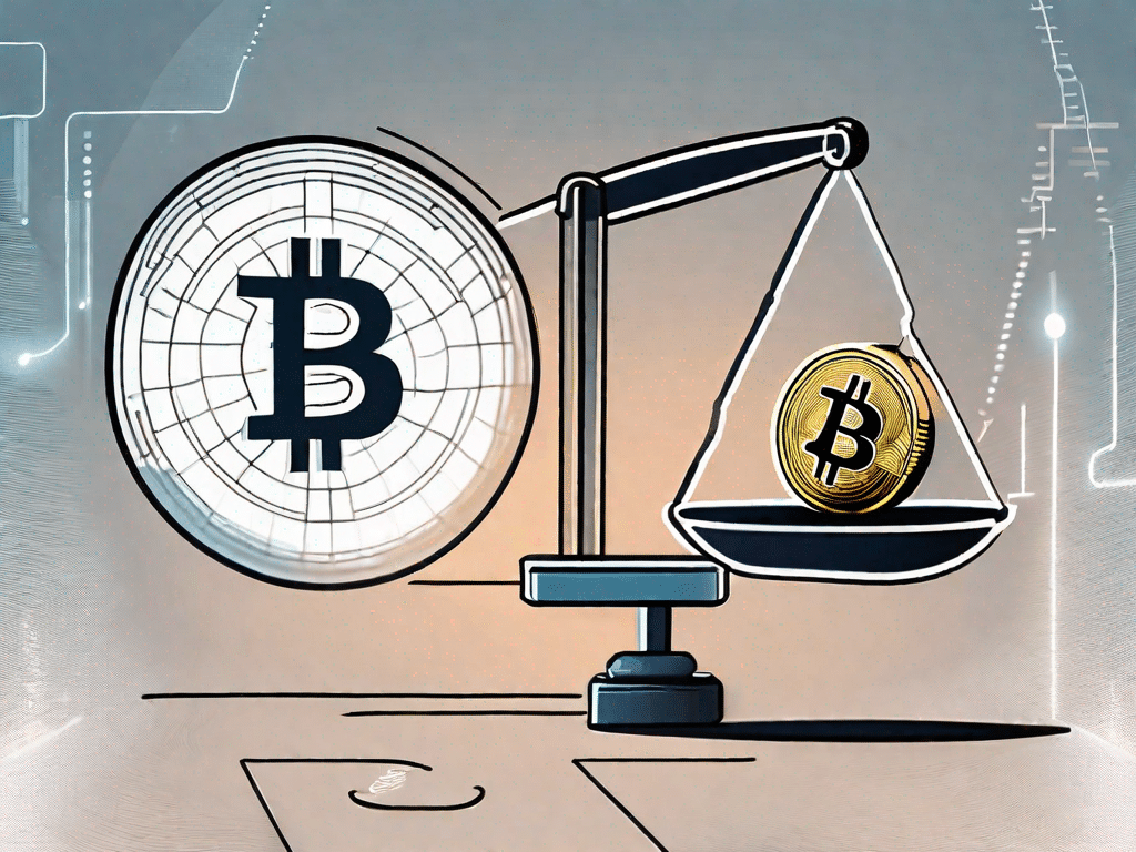 Een uitgebalanceerde weegschaal met aan de ene kant een bitcoin-symbool en aan de andere kant een vraagteken