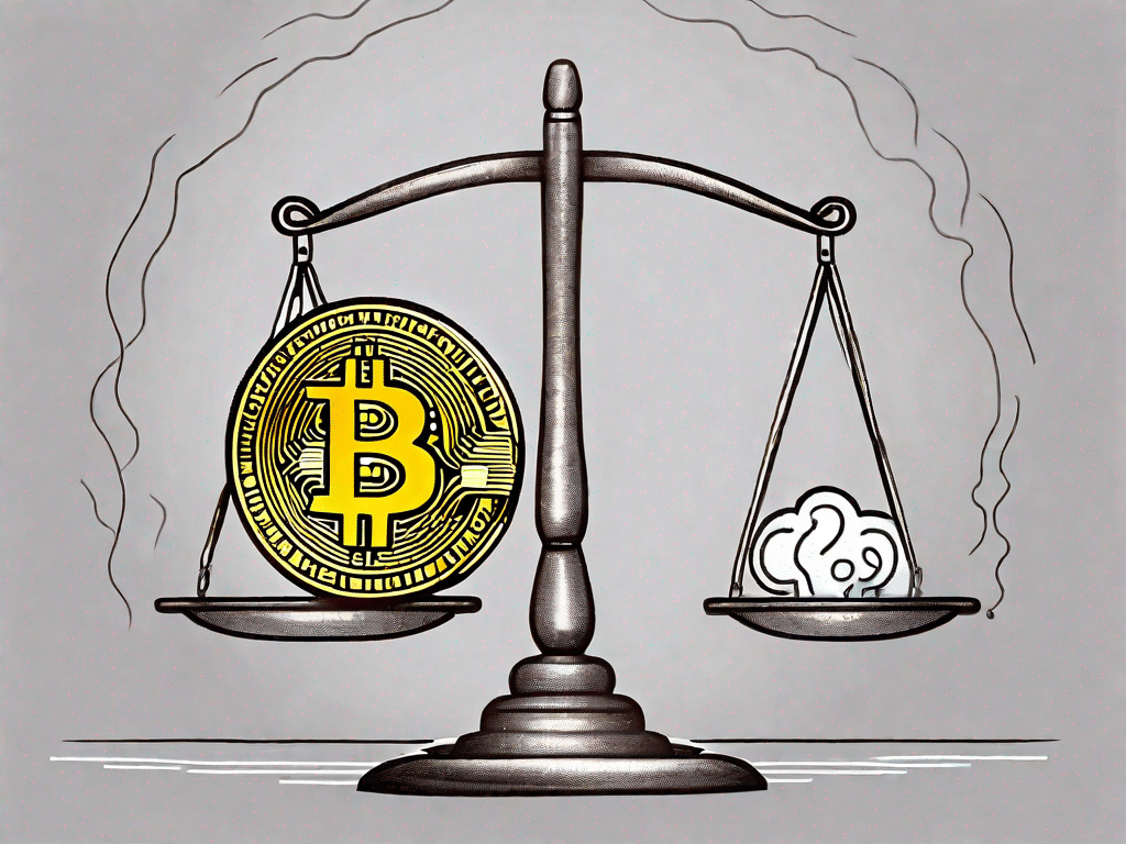 Dengeli terazinin bir tarafında Bitcoin parası, diğer tarafında soru işareti