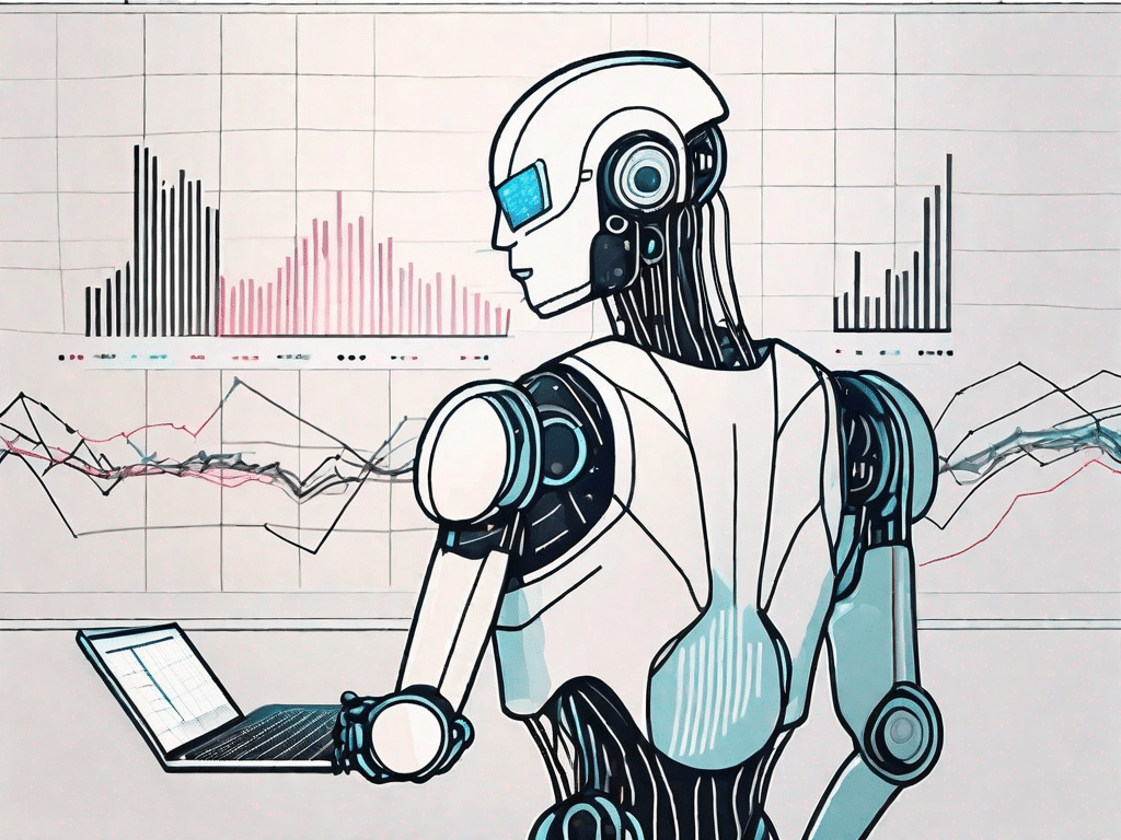 Ein futuristischer KI-Roboter, der Börsendiagramme auf einem digitalen Bildschirm analysiert