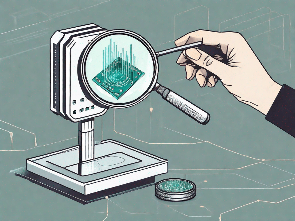 Una lente d'ingrandimento che esamina un chip di computer