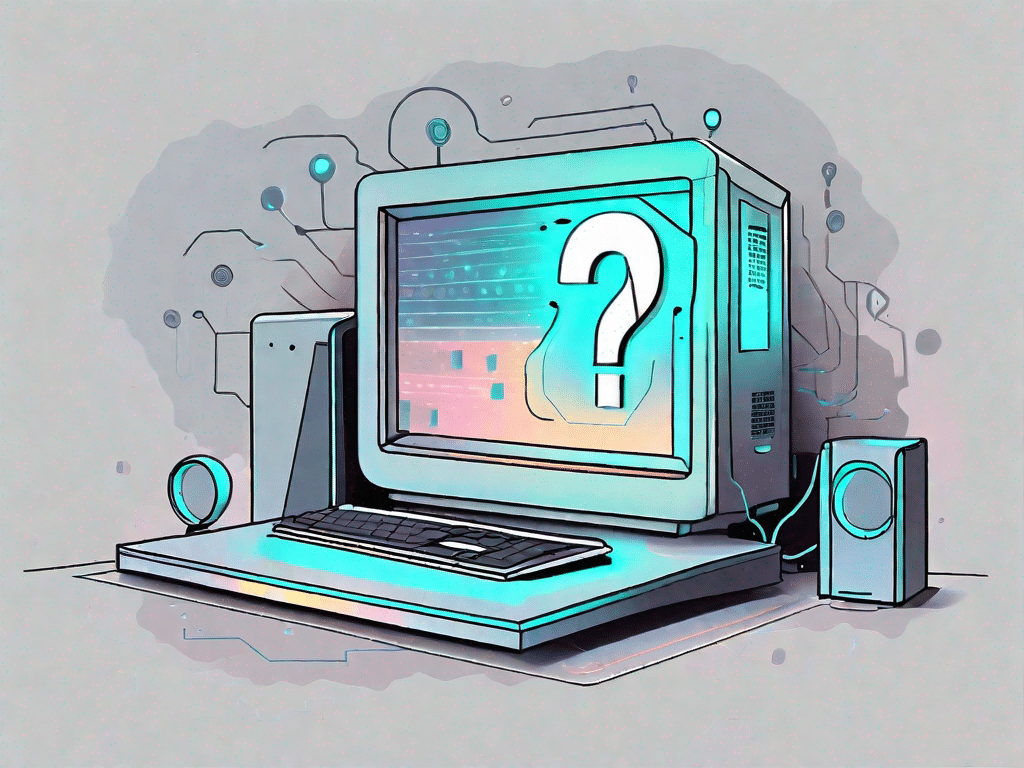 A futuristic computer with a question mark hologram