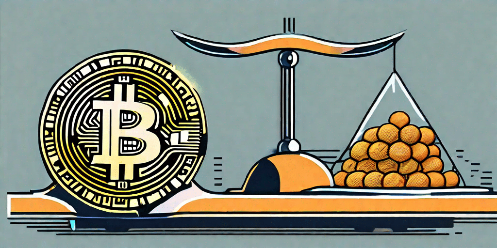 A digital scale balanced evenly with a bitcoin on one side and a symbol representing urex 2.0 on the other