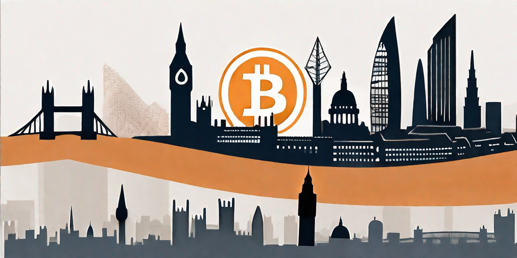 O horizonte de Londres com um símbolo de bitcoin pairando acima dele