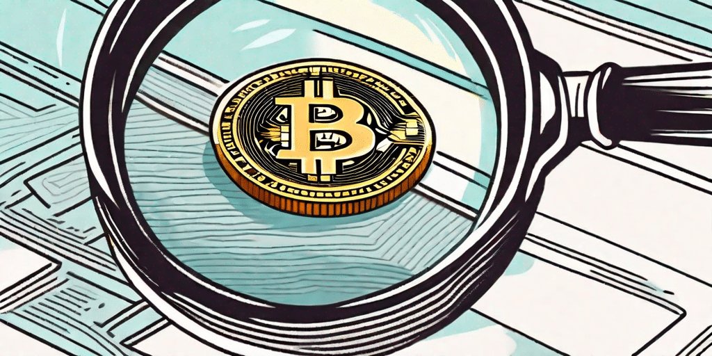Eine Bitcoin-Münze wird mit einer Lupe untersucht